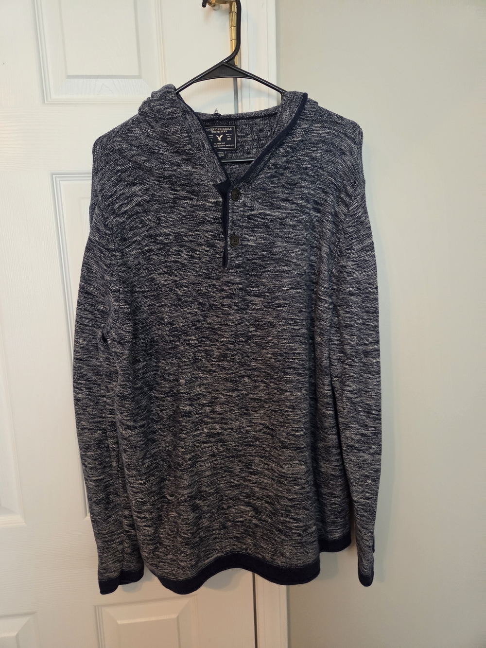 American Eagle Outfitters Men's Marled Charcoal Hooded Henley Sweater
